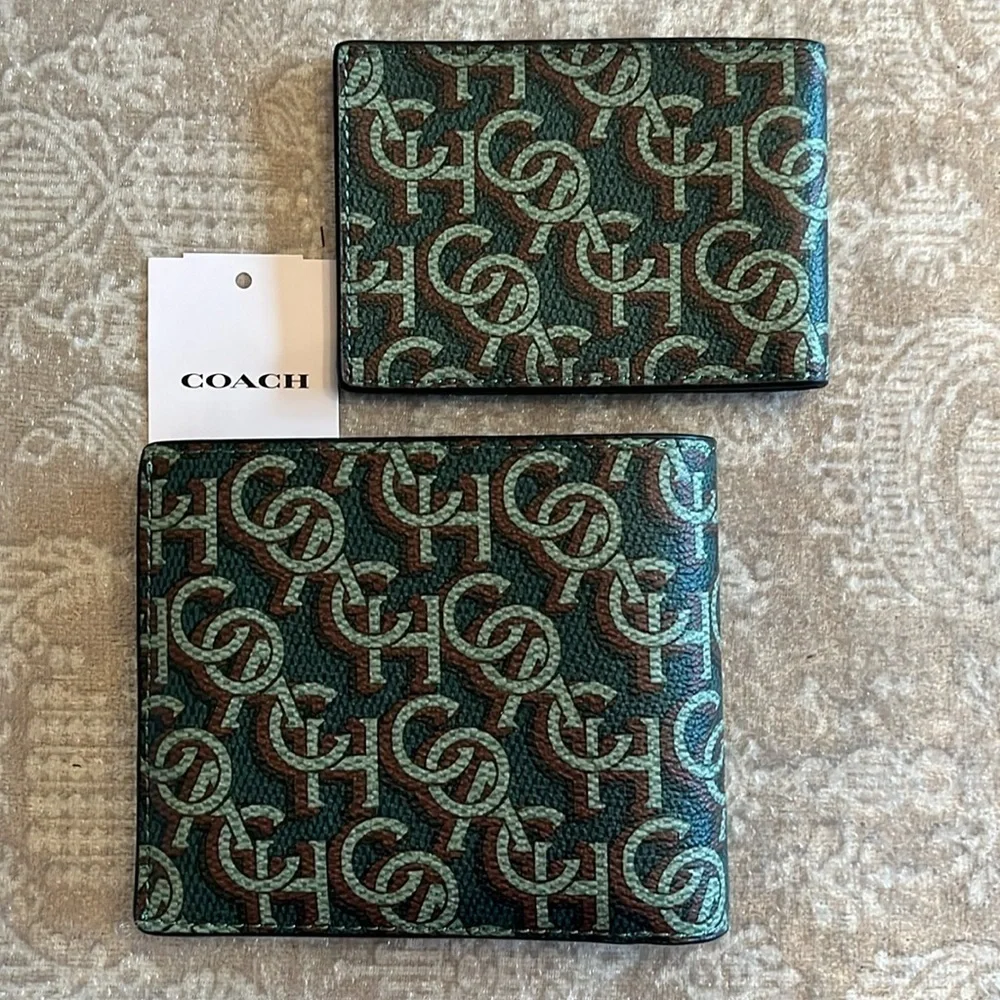 Brand New Coach Genuine Leather 3 in 1 Monogram Amazon Green Wallet & ID Insert